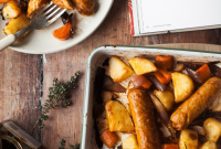 Sticky Vegan Sausage Tray Bake with Maple Glaze and Veggies