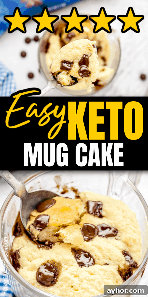 easy keto mug cake banner with chocolate chip mug cake in glass serving dish with five gold stars banner at the top