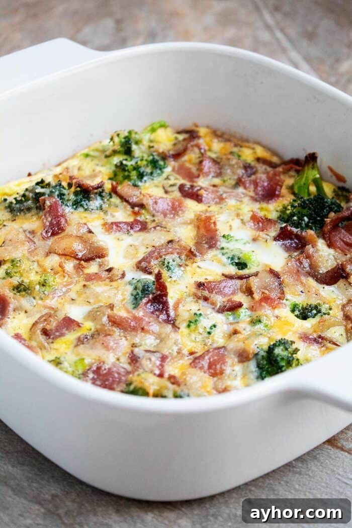 closeup of white casserole dish containing keto breakfast casserole fully baked