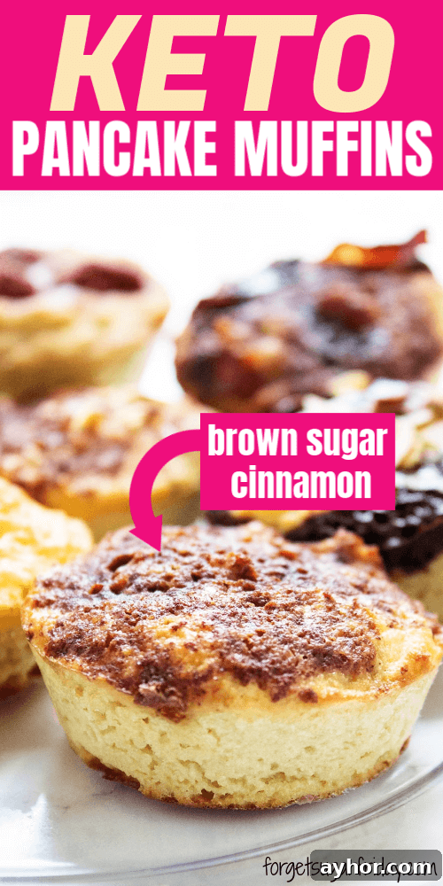 keto pancake muffins on a dish with image box pointing to brown sugar cinnamon topping on one of the muffins