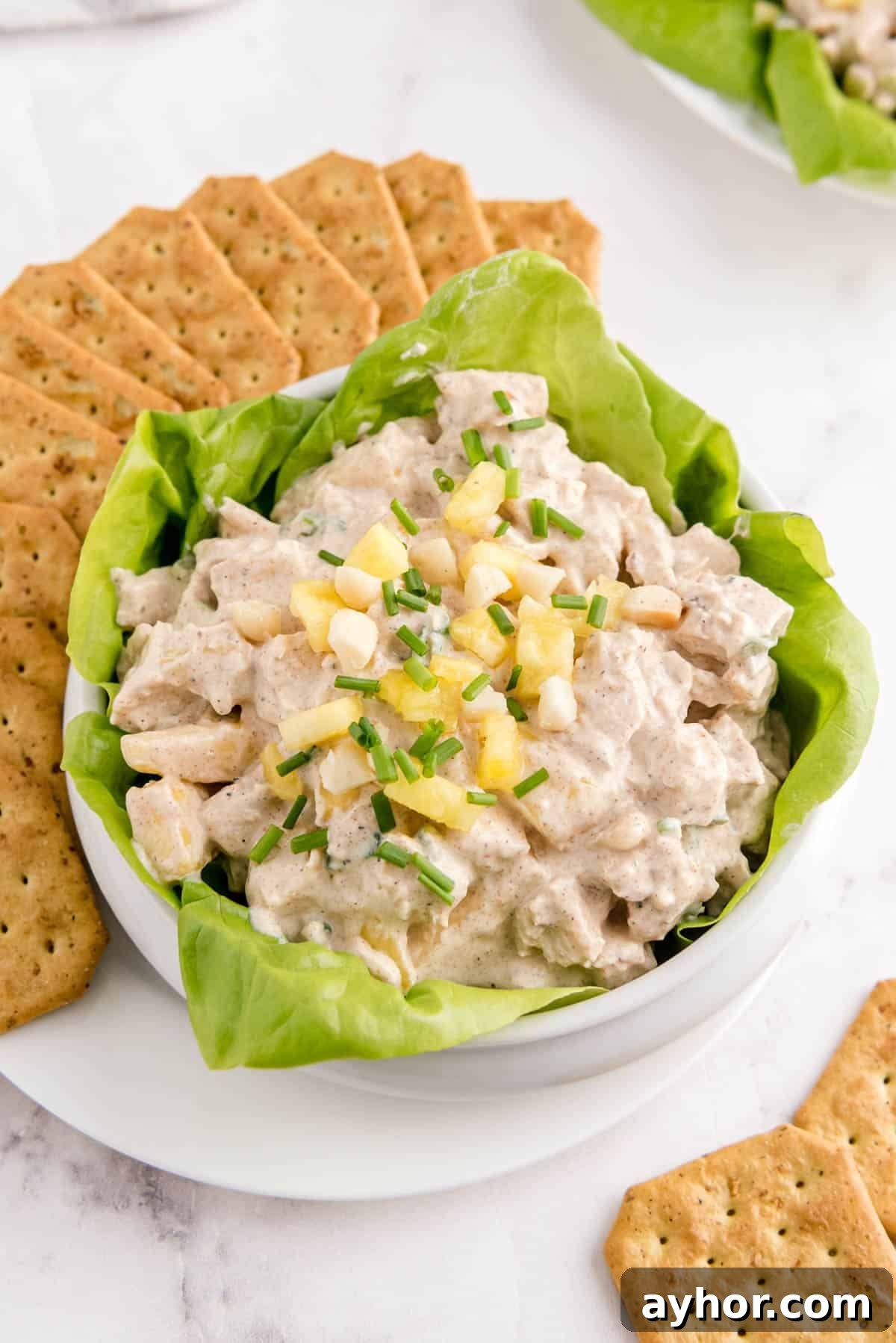 a bowl filled with hawaiian chicken salad with crackers
