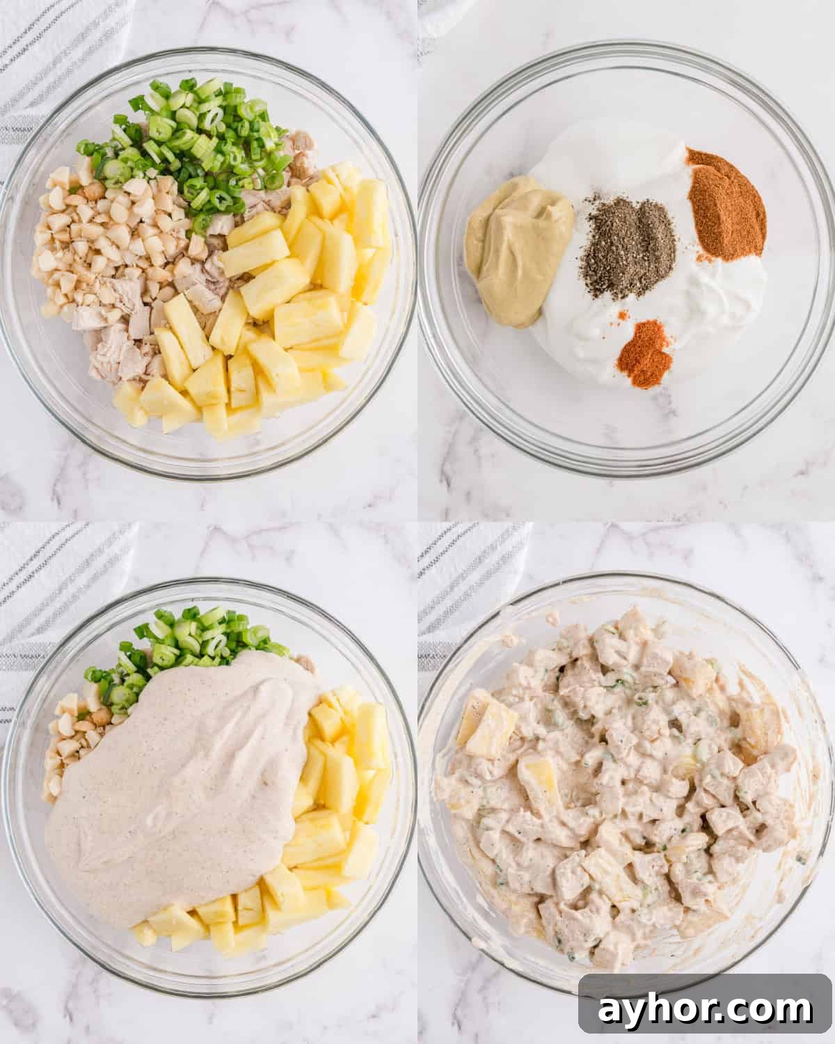 mixing together ingredients for hawaiian chicken salad in a bowl
