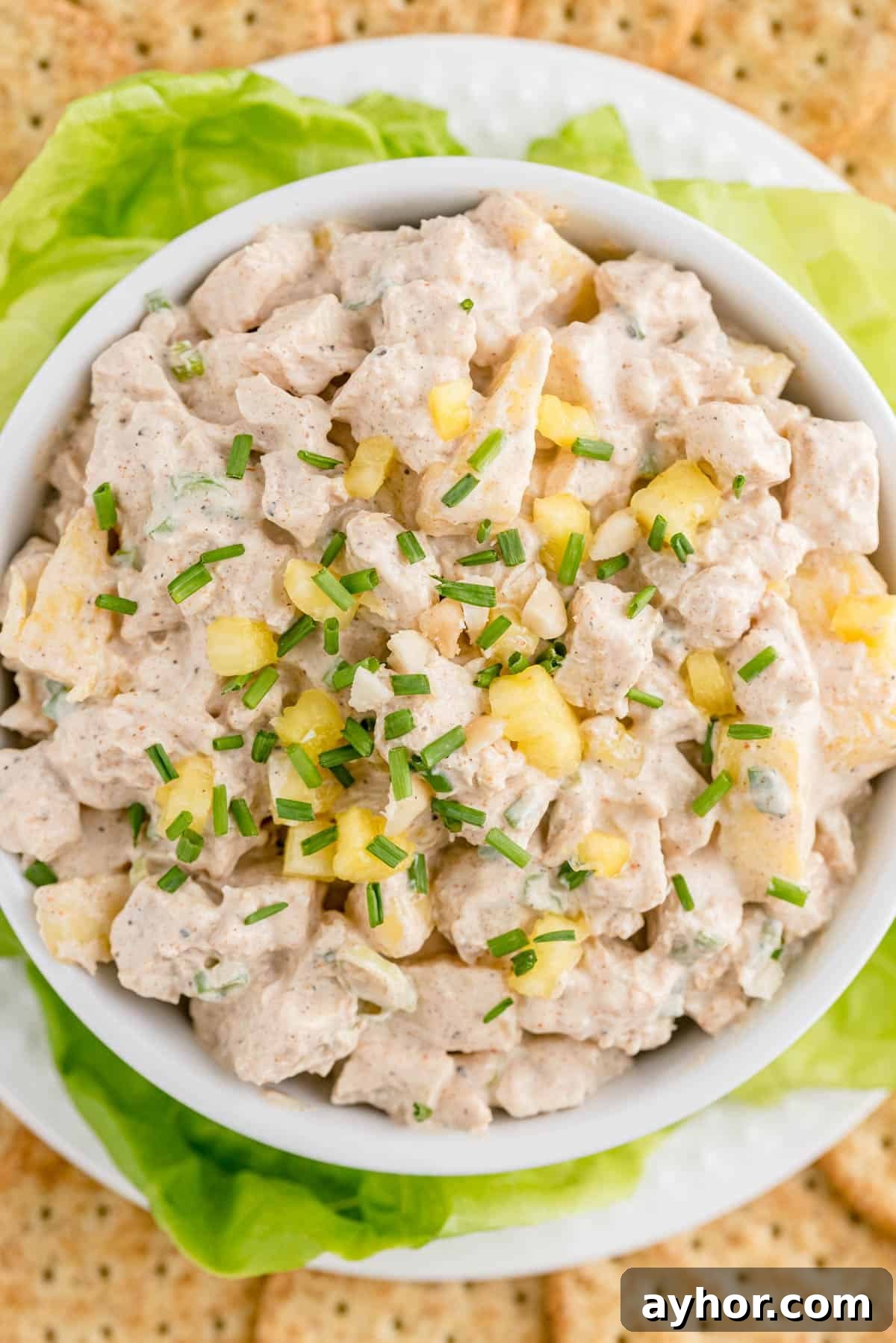 a bowl filled with hawaiian chicken salad