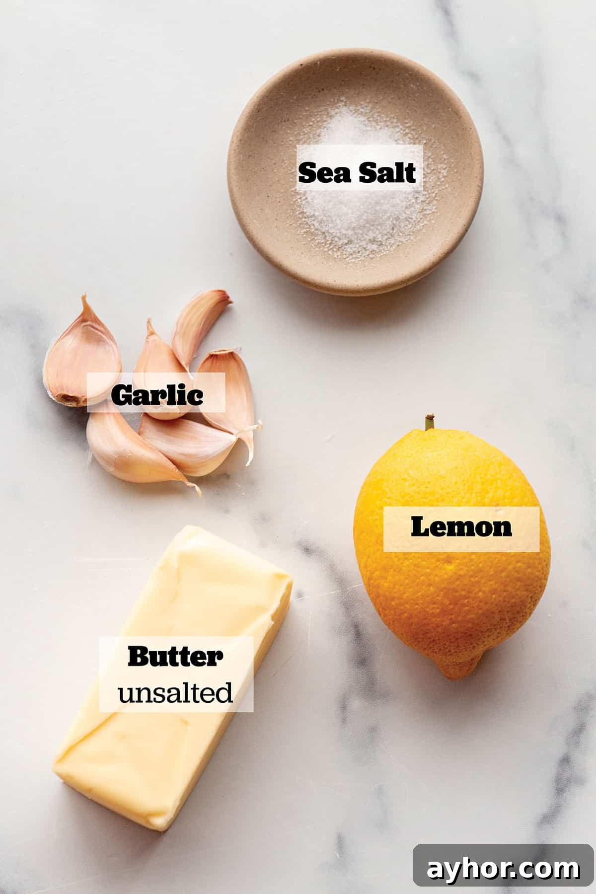 Garlic Butter Sauce Recipe for Seafood and Shellfish 3 Stick of butter, fresh lemon, sea salt, and garlic cloves.