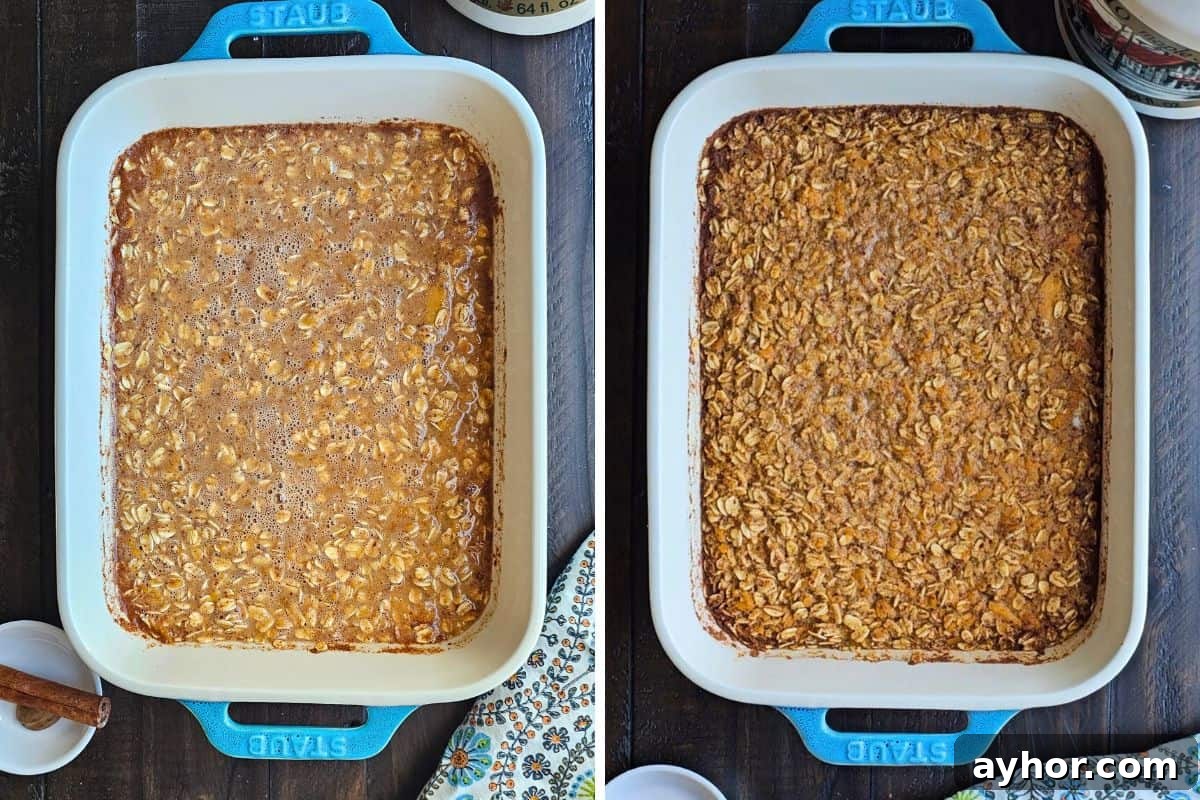 Baked Oatmeal with Sweet Potatoes Side by side photos of baking dish with sweet potato oatmeal before and after baking.