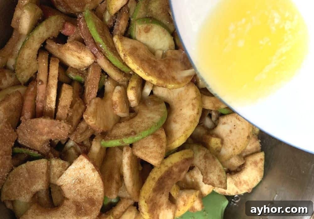 Instant Pot Cinnamon Apples: Quick Spiced Apple Dessert 8 melted butter being poured over apples coated with cinnamon sugar mixture.