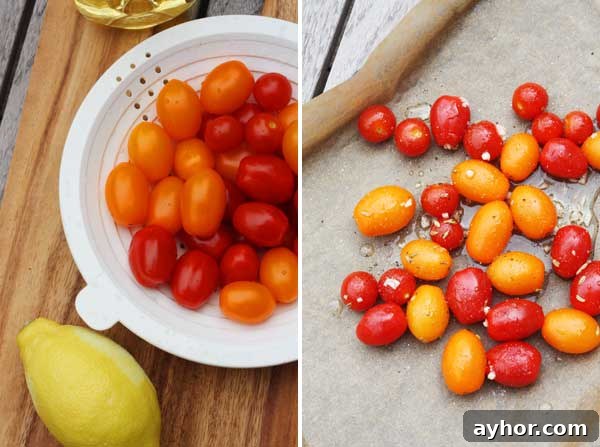 Collage of 2 images with red and orange tomatoes in a white colander and then on a baking tray with baking paper.