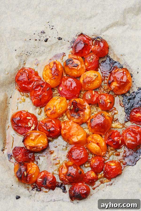 Overhead image of red and orange roasted cherry tomatoes on a baking paper lined baking sheet.