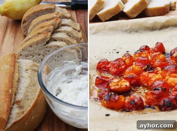 Collage of 2 images showing ricotta in a bowl and sliced fresh bread and then roasted tomatoes on a baking sheet.