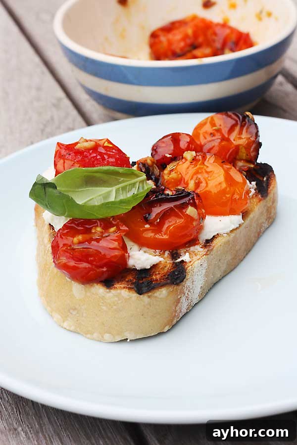 A closeup of ricotta and roasted tomatoes and basil on a piece of toast on a white plate.