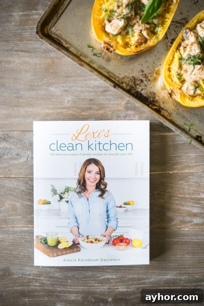 Creamy Chicken Stuffed Spaghetti Squash Boats for Weeknight Dinner 3 overhead view of Lexi's Clean Kitchen Cookbook