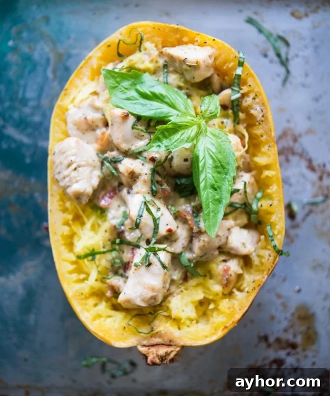 Creamy Chicken Stuffed Spaghetti Squash Boats for Weeknight Dinner 4 creamy chicken bacon spaghetti squash boat