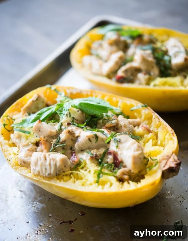 Creamy Chicken Stuffed Spaghetti Squash Boats for Weeknight Dinner 5 creamy chicken bacon spaghetti squash boats