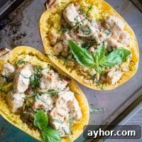 Creamy Chicken Stuffed Spaghetti Squash Boats for Weeknight Dinner 6 overhead view of creamy chicken bacon spaghetti squash boats