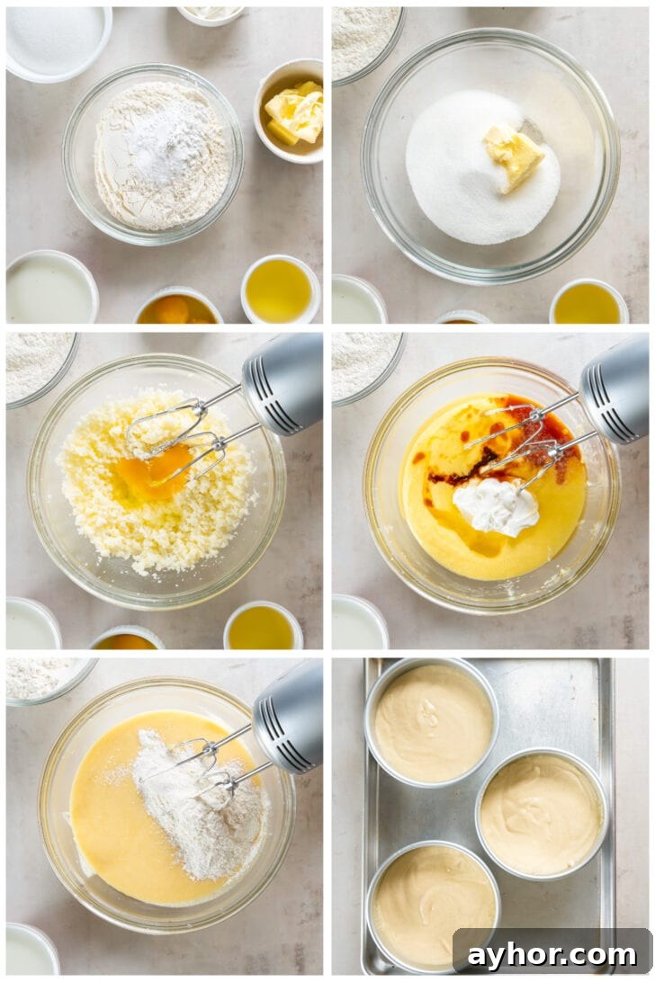 photo collage demonstrating how to make vanilla cake batter for cadbury mini egg cake