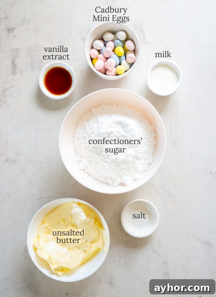 cadbury mini egg buttercream frosting ingredients in bowls labeled with text