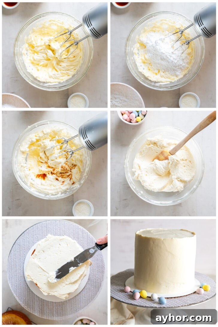 photo collage demonstrating how to make buttercream frosting for cadbury mini egg cake