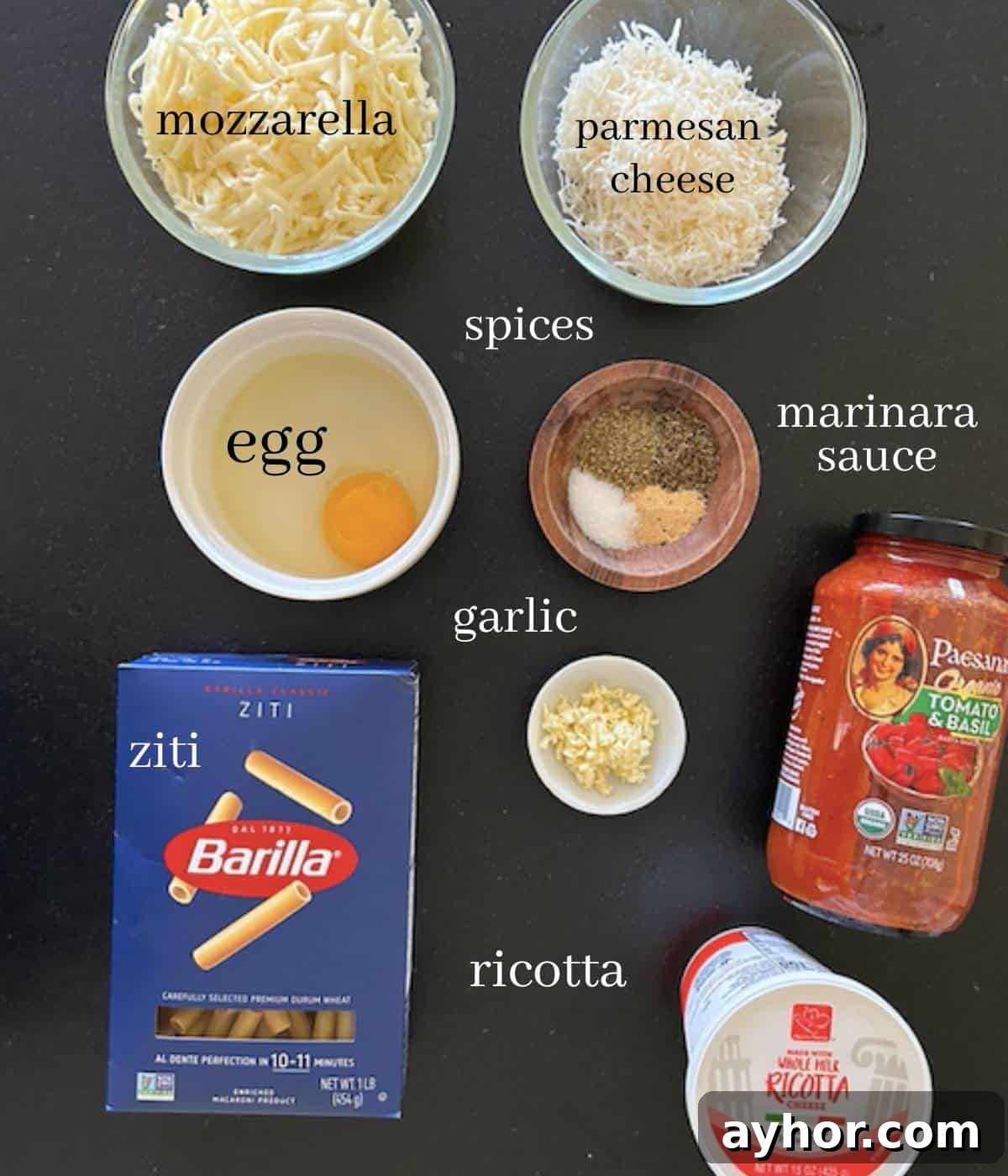 Vegetarian Baked Ziti with Cheesy Tomato Sauce 3 Ingredients for meatless baked ziti on countertop.