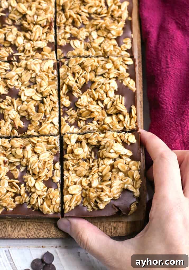 a hand reaching for a gluten free oatmeal chocolate fudge bar