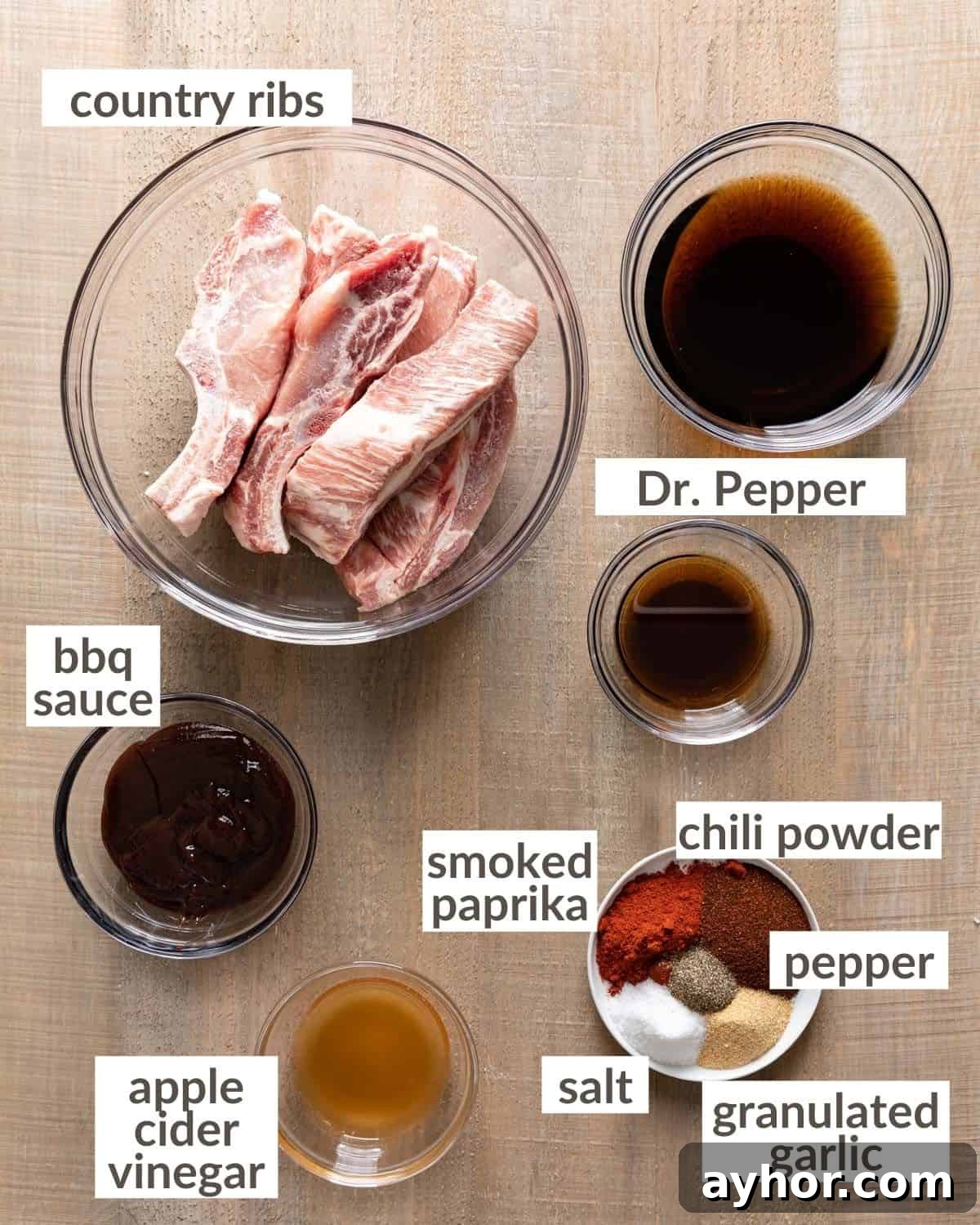 Overhead image of ingredients needed for Dr. Pepper crock pot ribs. 