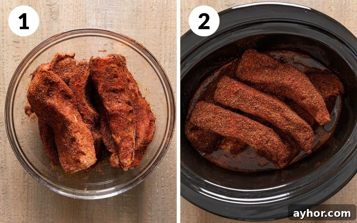 A two image collage showing the beginning steps of Dr. Pepper crock pot ribs. 