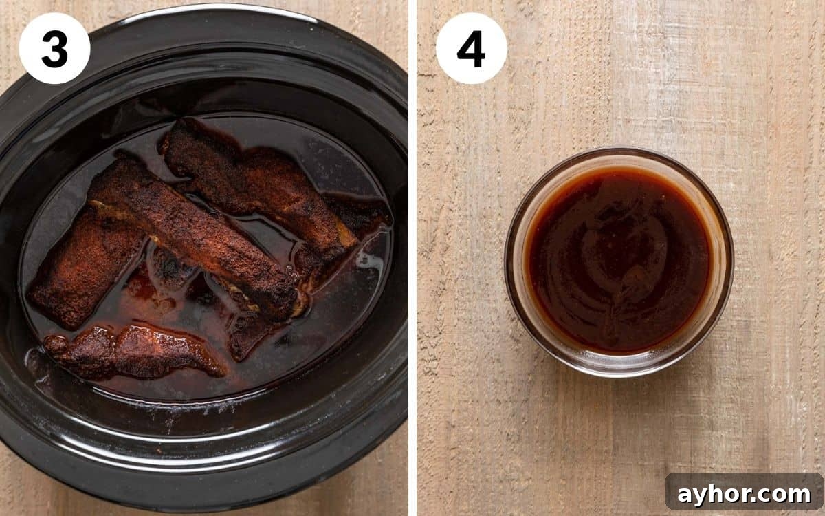A two image collage showing the beginning steps of Dr. Pepper crock pot ribs. 