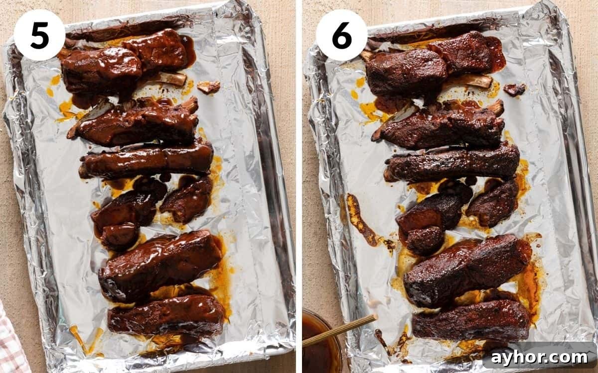 A two photo collage showing the final steps of Dr. Pepper crock pot ribs. 