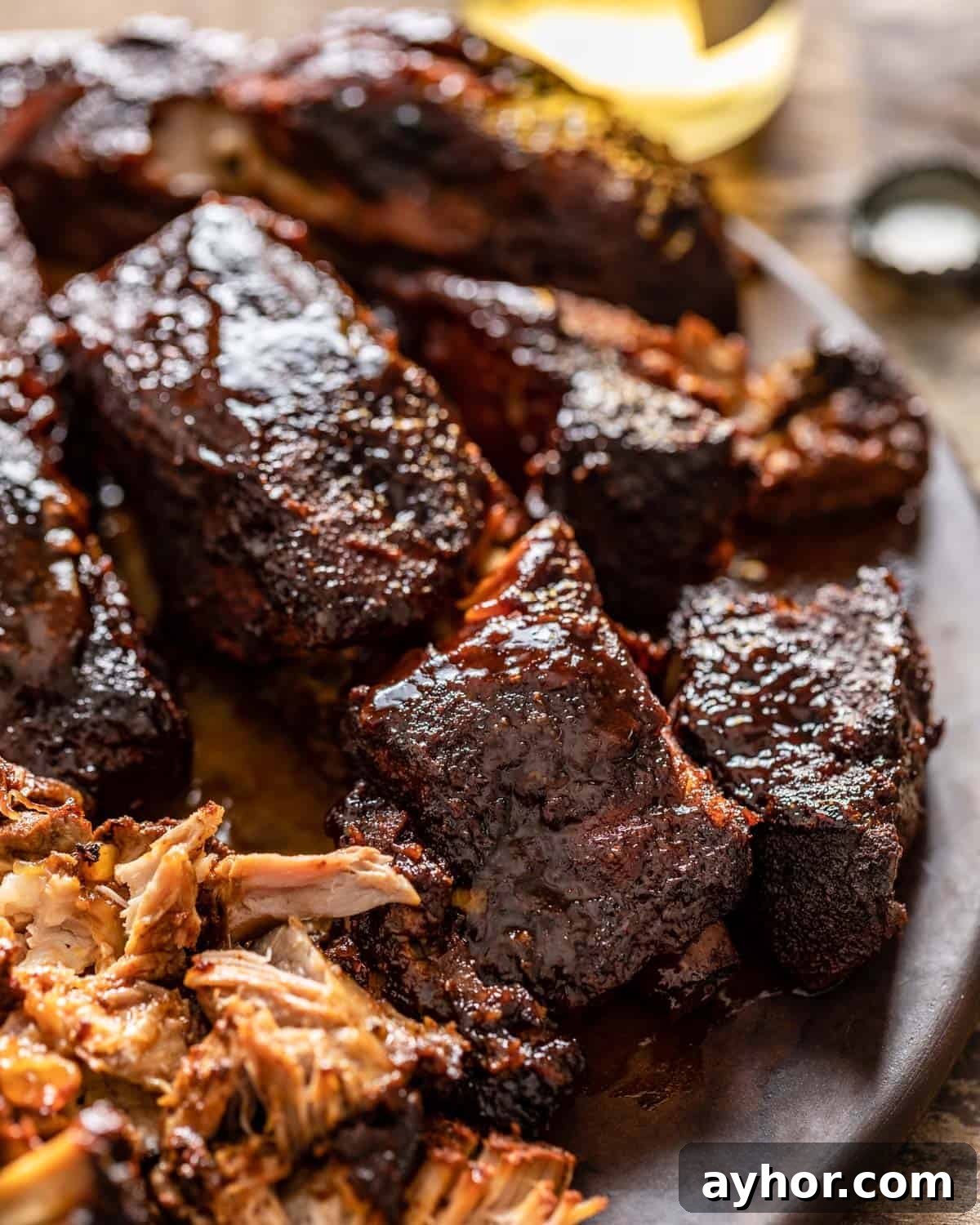 Up close image of Dr. Pepper crock pot ribs. 