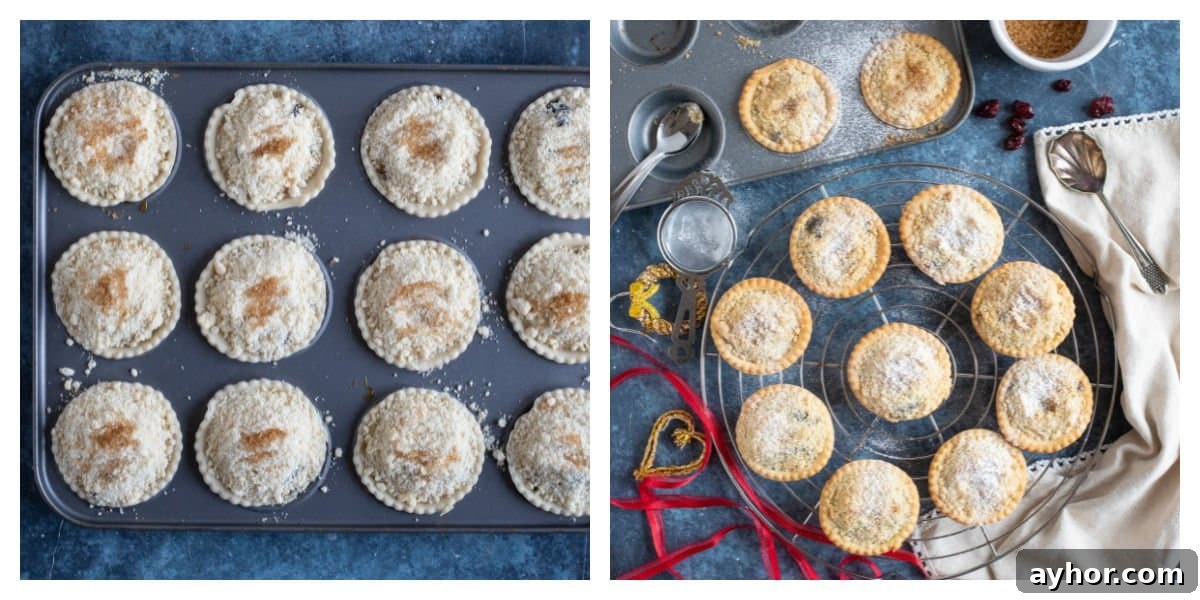 Crumble-Topped Mince Pies Recipe for Festive Holidays 6 Crumble topped mince pies before and after baking.