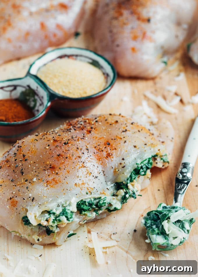 raw spinach stuffed chicken breast on a wood board