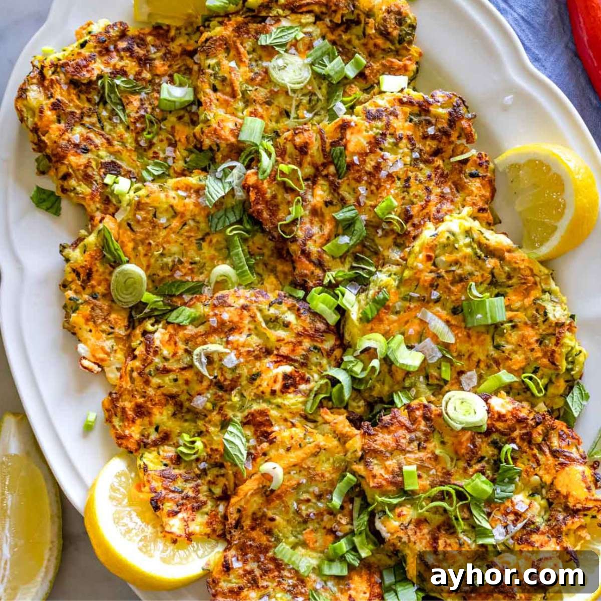 Healthy zucchini patties made with feta, fresh herbs, and grated vegetables, served on a rustic plate with yogurt sauce.