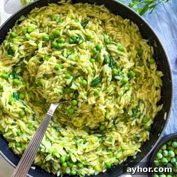 Creamy orzo with lemon and peas in a skillet.