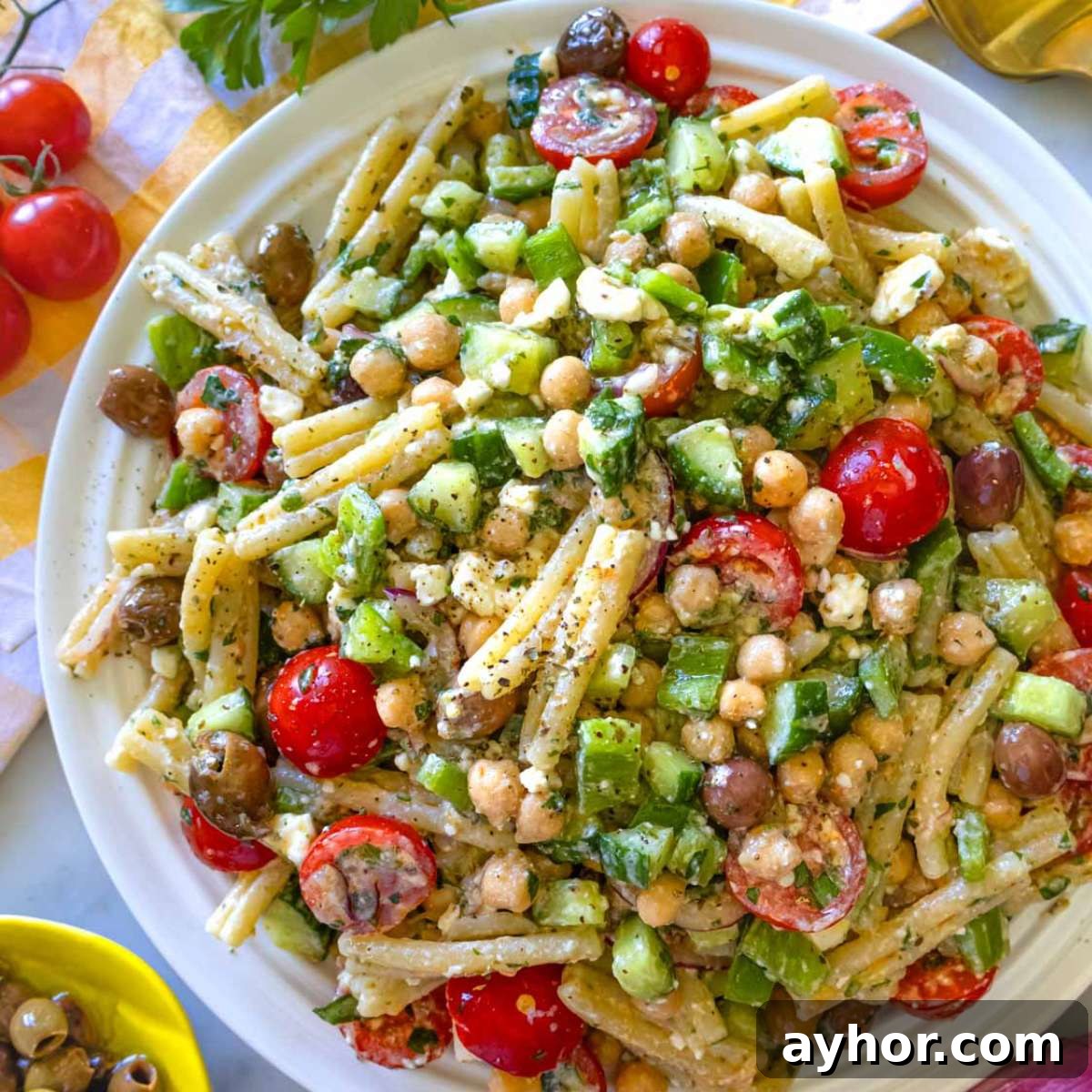 Platter of Greek pasta salad with feta, olives, cucumber, and tomatoes served with lemon wedges – easy Mediterranean summer recipe.