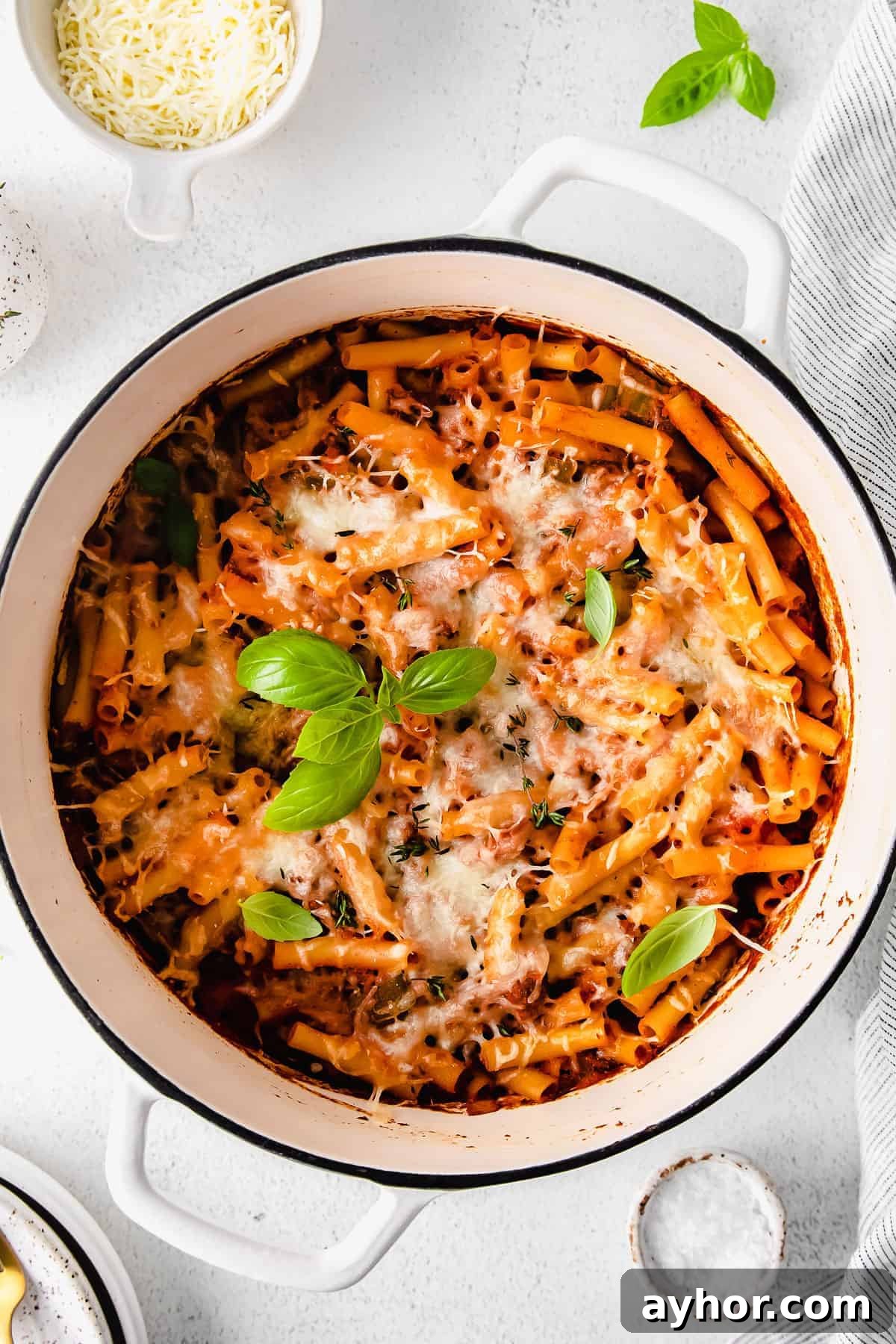 Baked ziti in a dutch oven. 