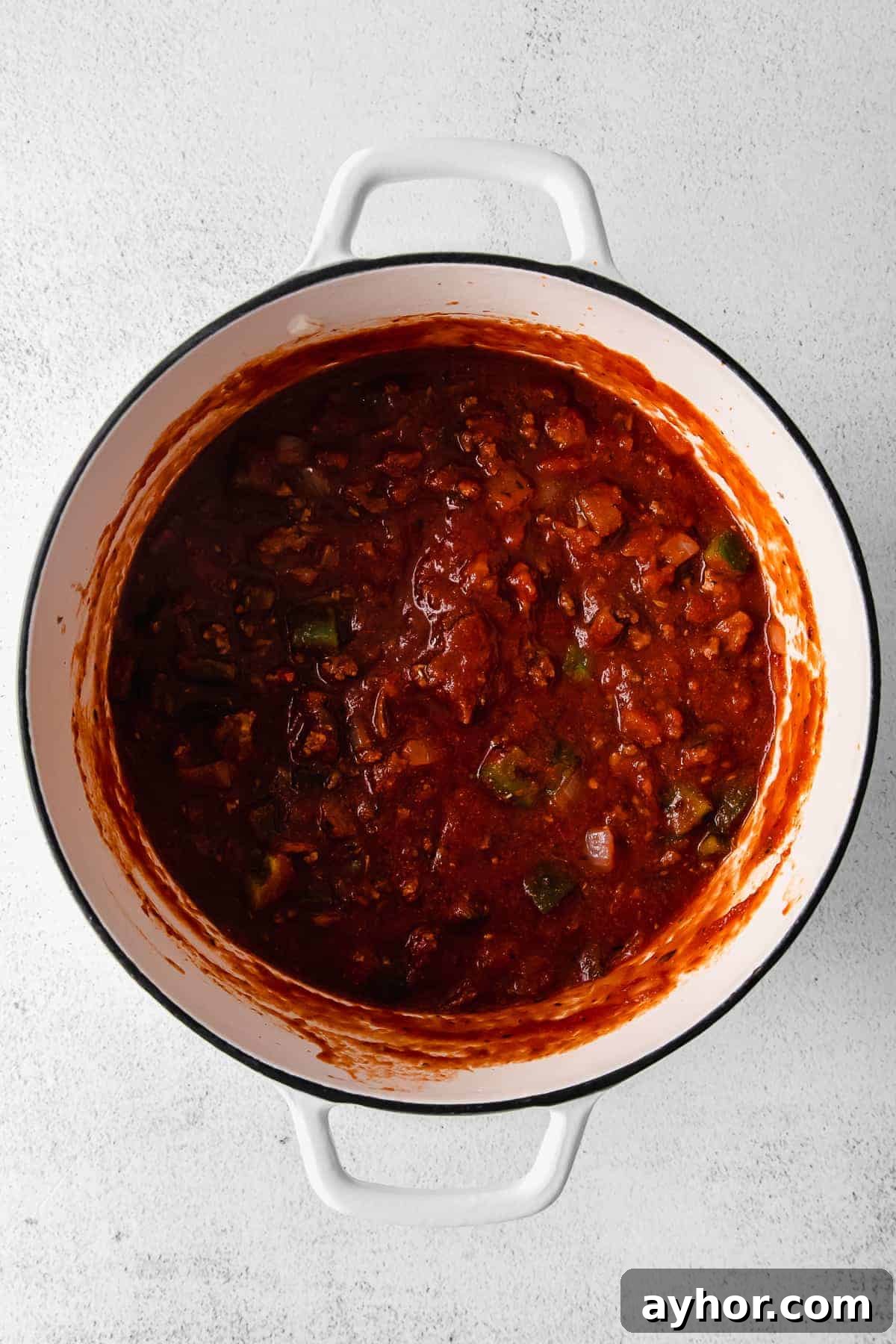 Baked Ziti Marinara in a dutch oven. 