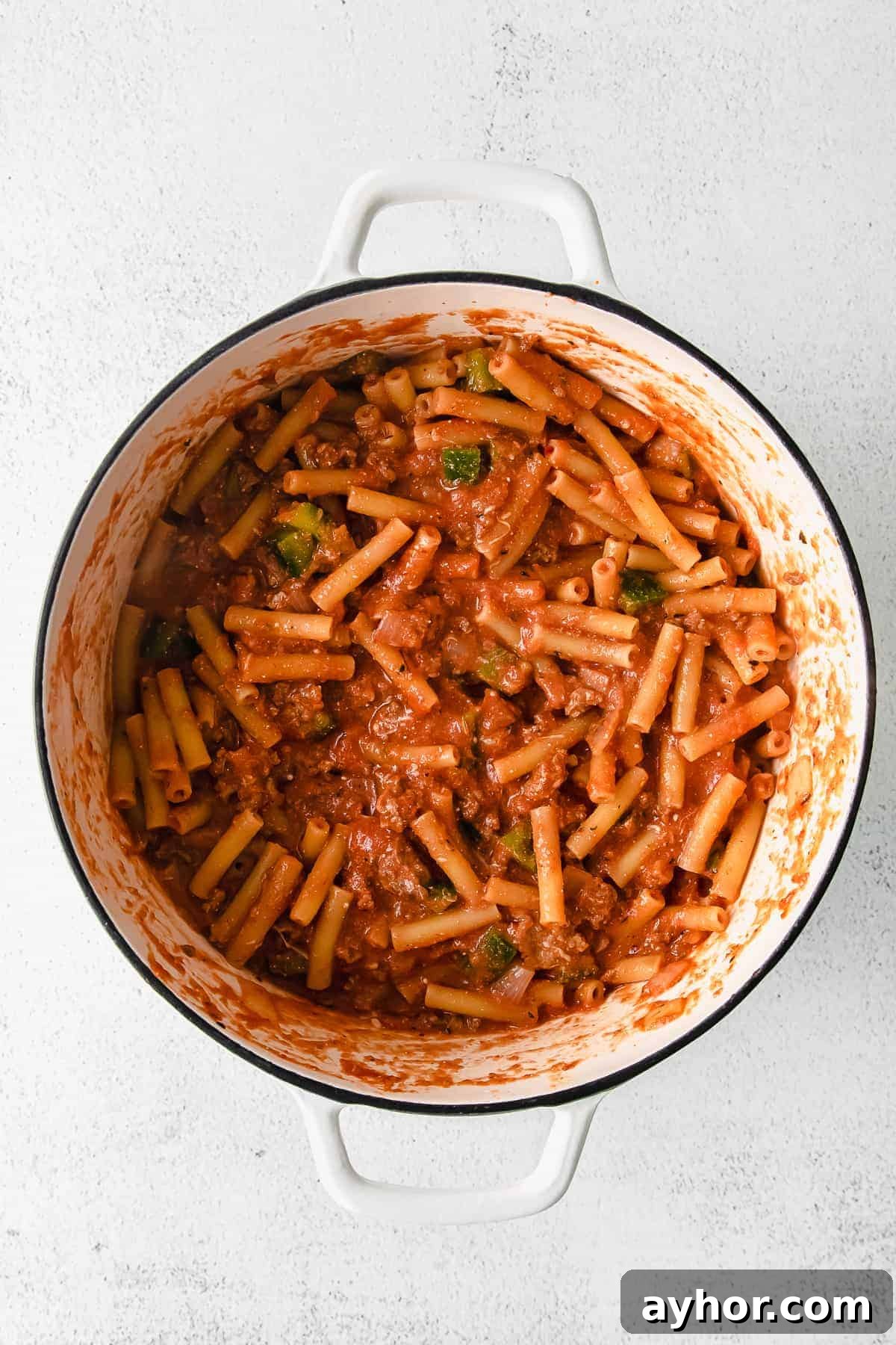 Baked Ziti in a dutch oven. 