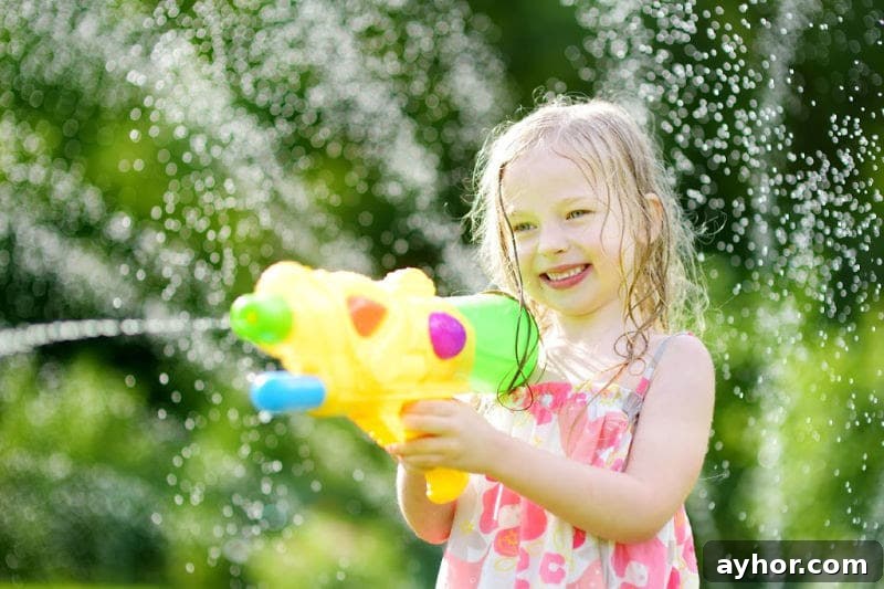 13 Splashy Outdoor Water Games Kids Will Love 5 little girl outdoor playing a water game with a water gun