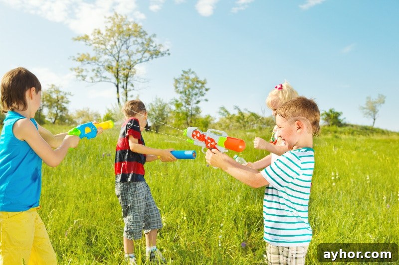 13 Splashy Outdoor Water Games Kids Will Love 6 kids playing fun water games with water guns