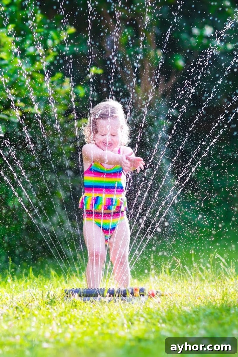 13 Splashy Outdoor Water Games Kids Will Love 7 little girl in a colorful bathing suit playing in a sprinkler outside