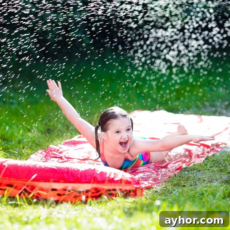 13 Splashy Outdoor Water Games Kids Will Love 8 girl laughing on a slip n slide