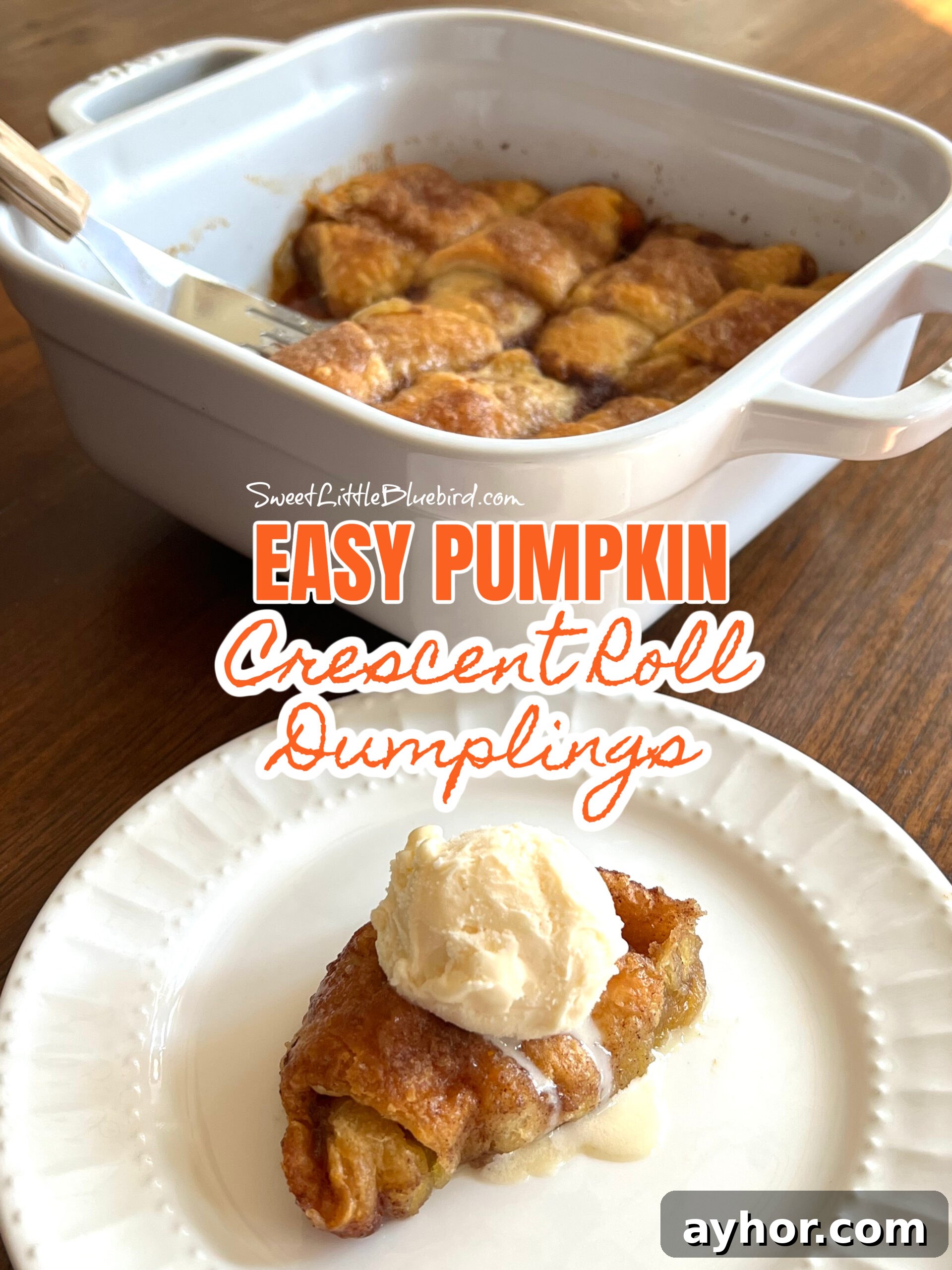 This is a photo of Pumpkin Crescent Roll Dumplings after baking in a white square baking dish. In front front of the baking dish is a dumpling served on a round white plate with a scoop of vanilla ice cream on top.