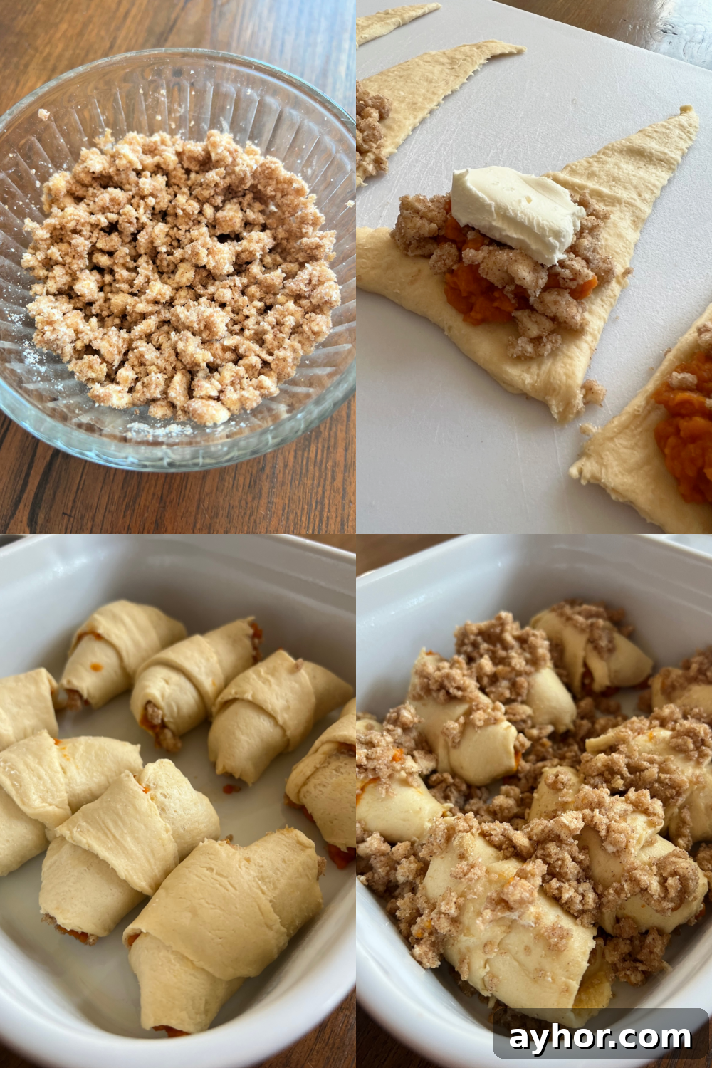 This is a 4 photo  collage showing pictures making the Pumpkin Crescent Roll Dumplings. 