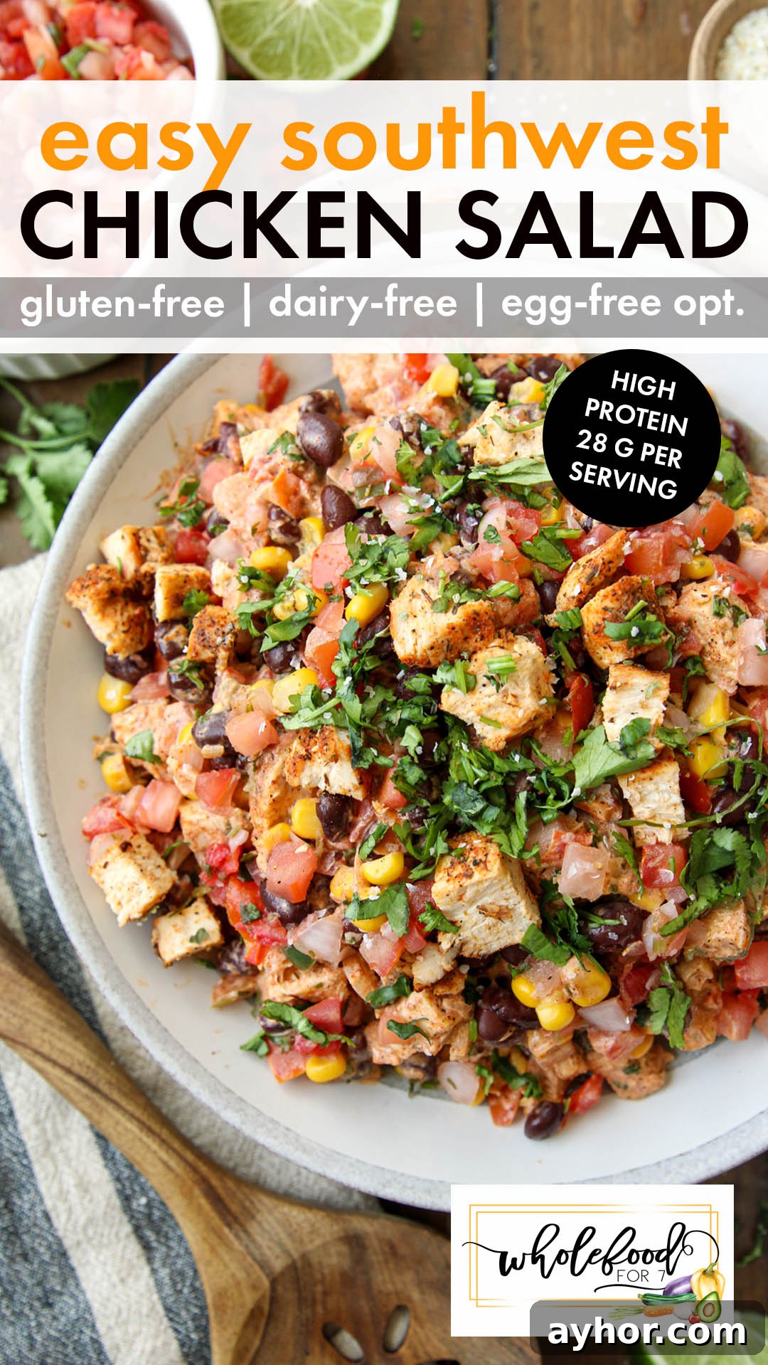 Southwest Chicken Salad (Dairy-Free Recipe with Zesty Lime) 2 Dairy-free Southwest Chicken Salad - An EASY cold lunch full of flavor and quick to make. Gluten-free, dairy-free, nut-free, with egg-free option. High protein with 28 grams of protein per serving!