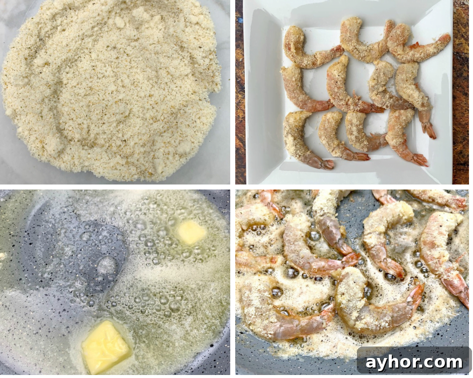 raw shrimp breaded in almond flour on a white plate, melted butter in a skillet, and shrimp frying in a pan with butter and olive oil