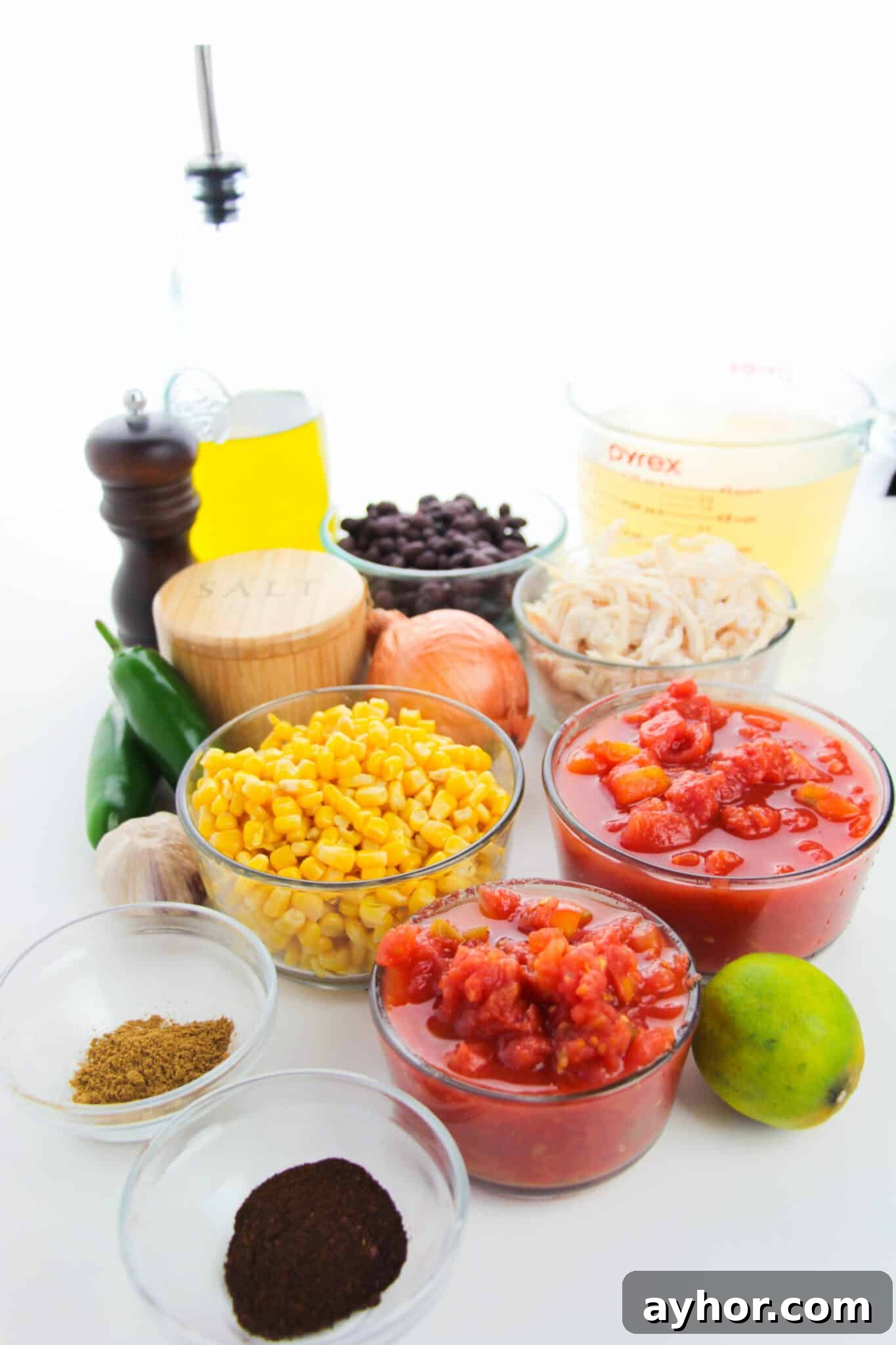 Rotisserie Chicken Tortilla Soup Recipe for Busy Weeknights 4 Ingredients for Rotisserie chicken tortilla soup including tomatoes, corn, chicken, vegetables to make the soup.