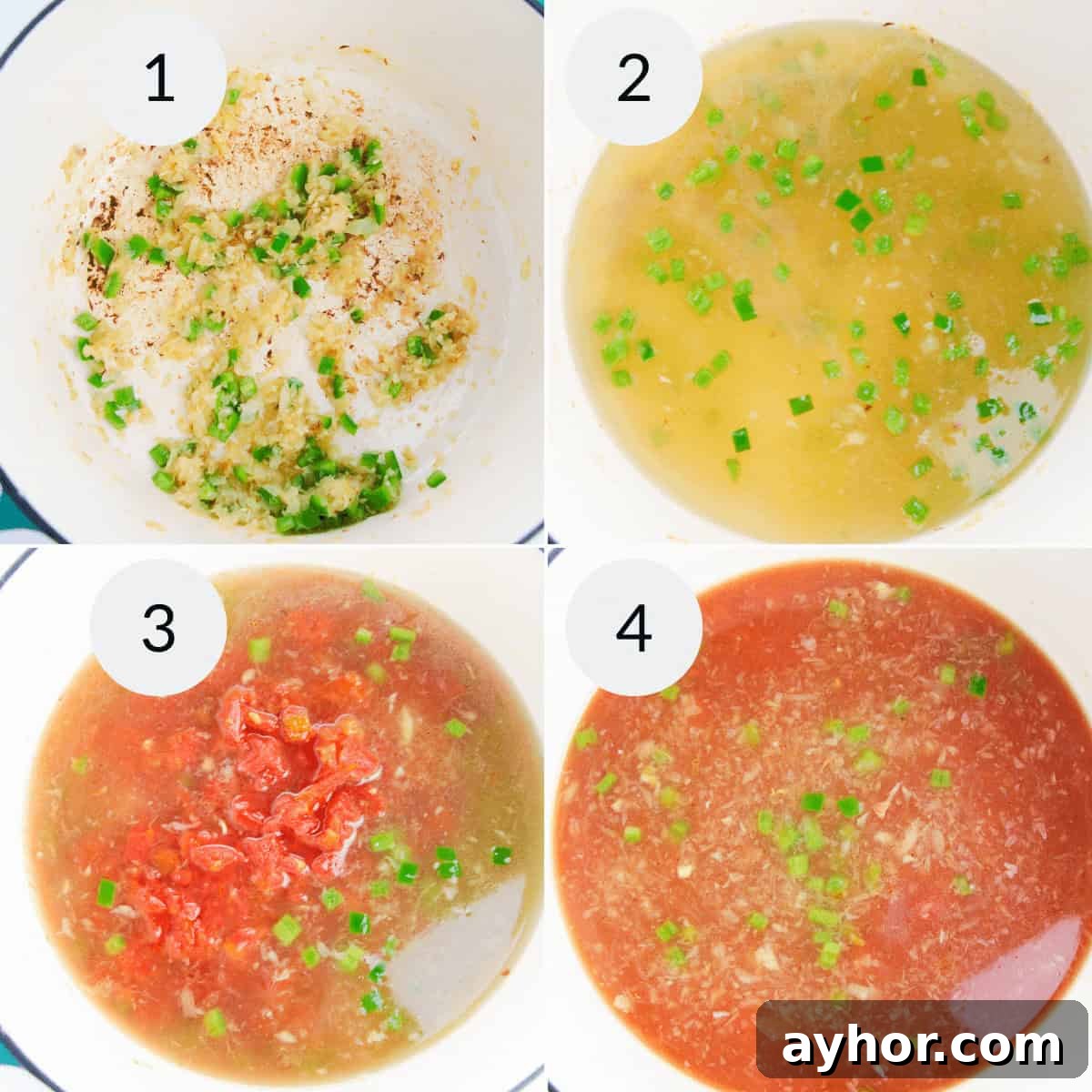 Rotisserie Chicken Tortilla Soup Recipe for Busy Weeknights 5 Step by step instructions for preparing vegetables, tomatoes and adding appropriate spices for the soup.
