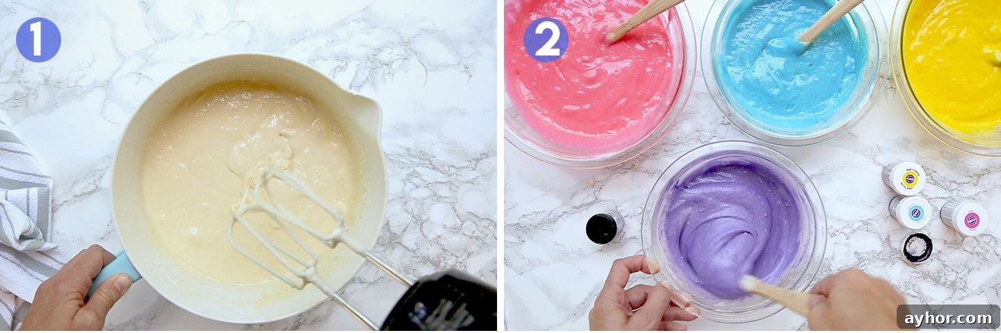 Cake batter in a bowl with food coloring.