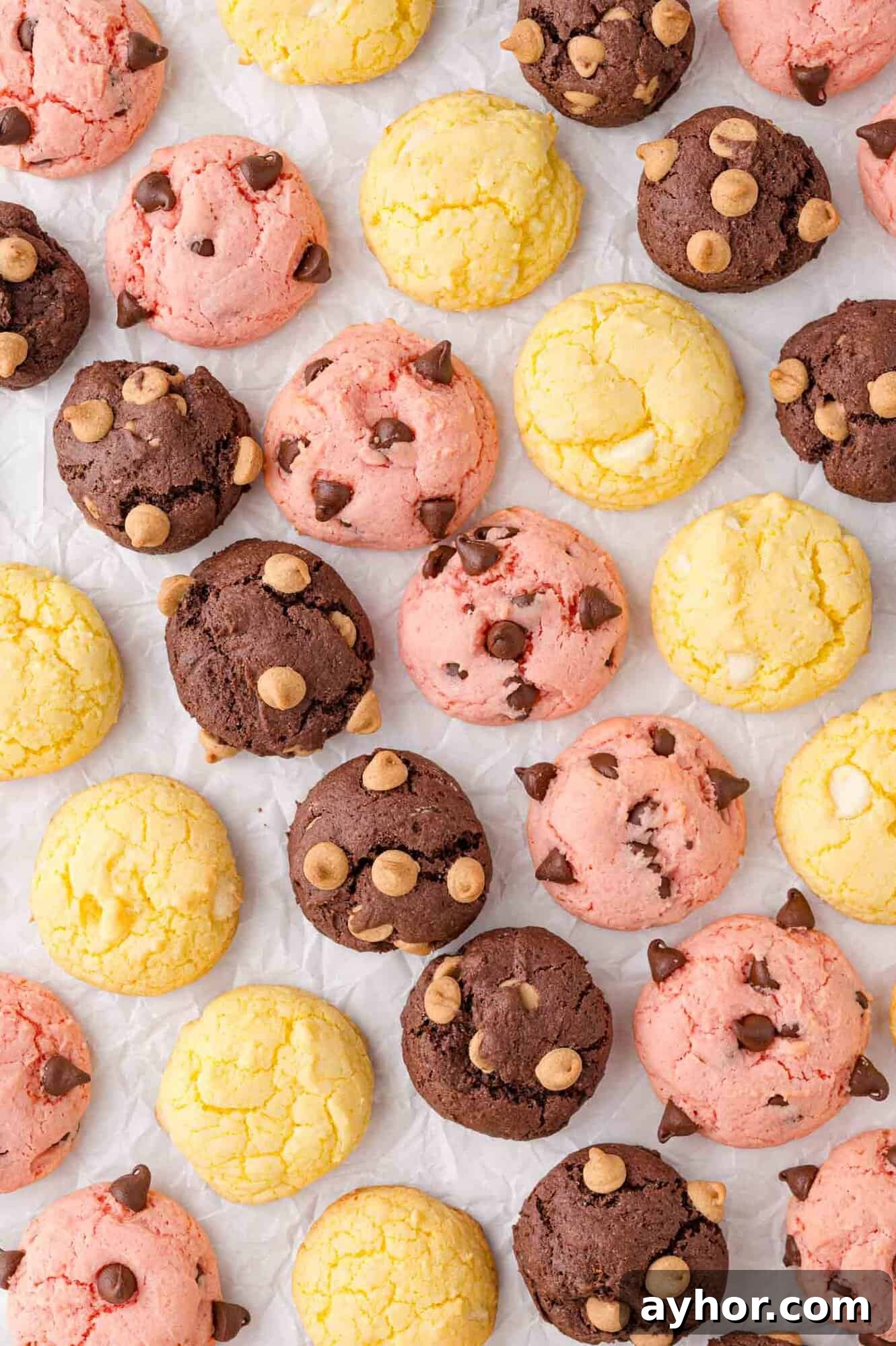 Rows of pink, yellow, and brown cookies, some topped with chocolate chips, arranged on a white parchment paper background.