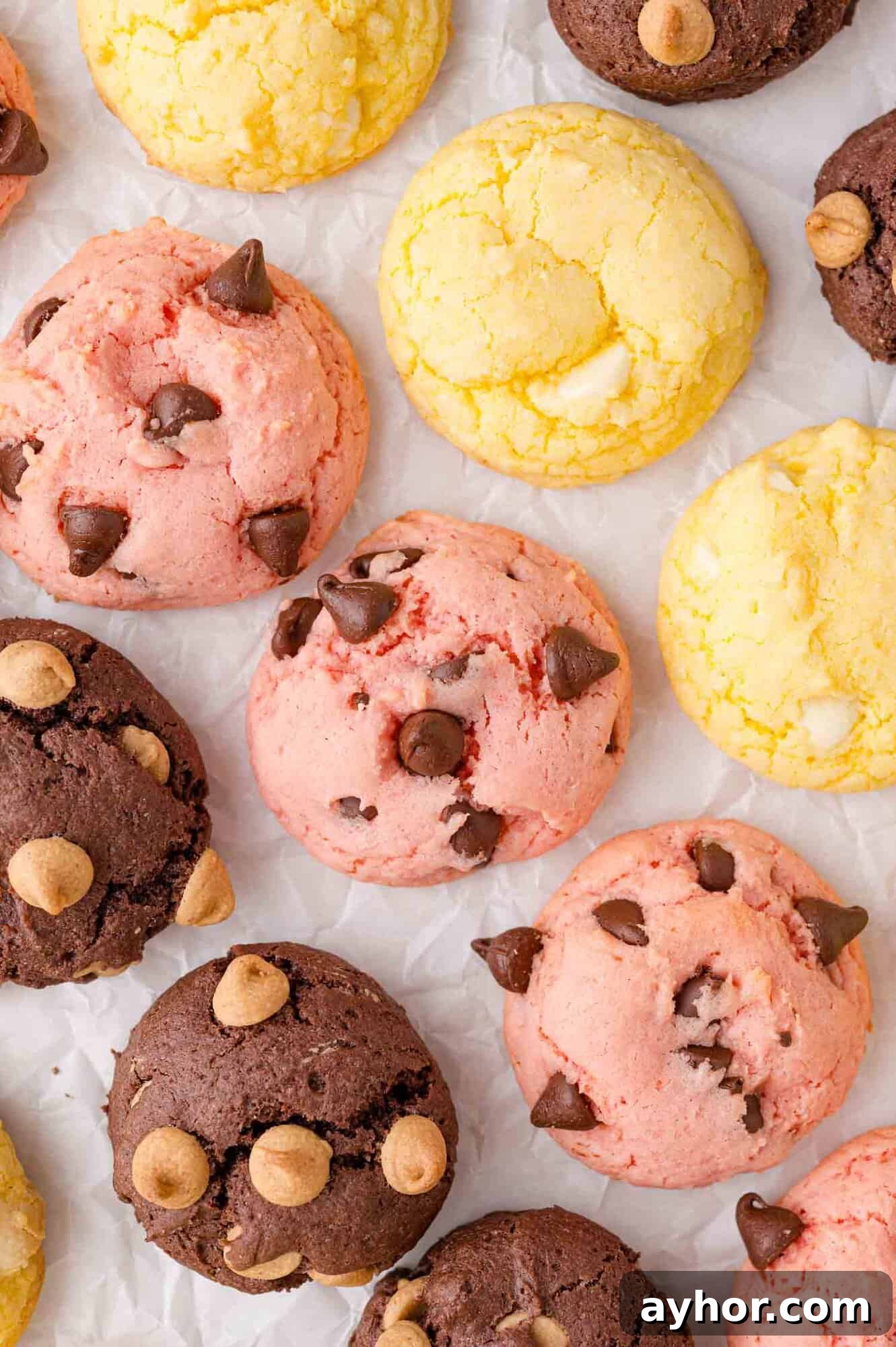 Assorted colorful cake mix cookies with chocolate chips and other toppings arranged on white parchment paper.