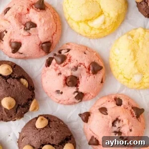 Assorted cake mix cookies with chocolate chips and white chocolate chips in pink, yellow, and brown colors are arranged on crumpled white parchment paper.